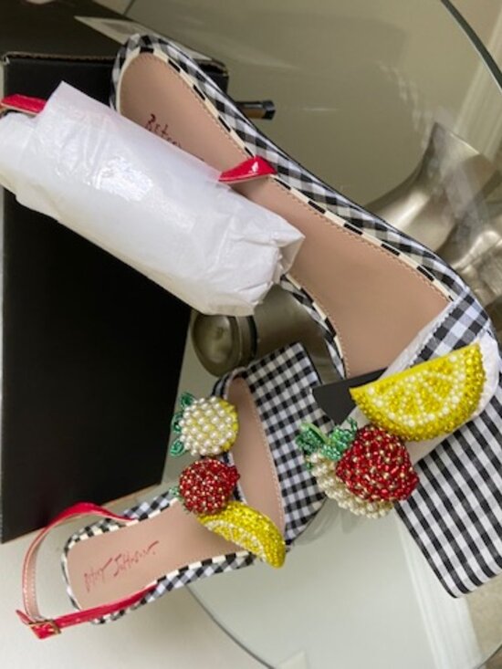 Betsey Johnson Shoes - NWT Betsy Johnson Fruit Embellished Black Multi Kitten Heel Sandal - Size 9